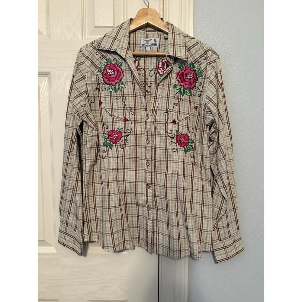 Panhandle Slim Western Shirt Womens L Plaid Embroidered Floral Rhinestone Shine